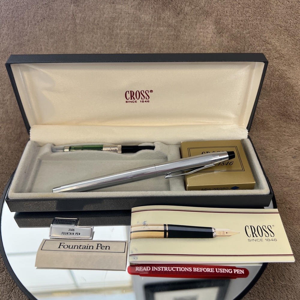Vintage Cross Chrome Fountain Pen 3506 F Nib Original Case Paperwork Made In USA